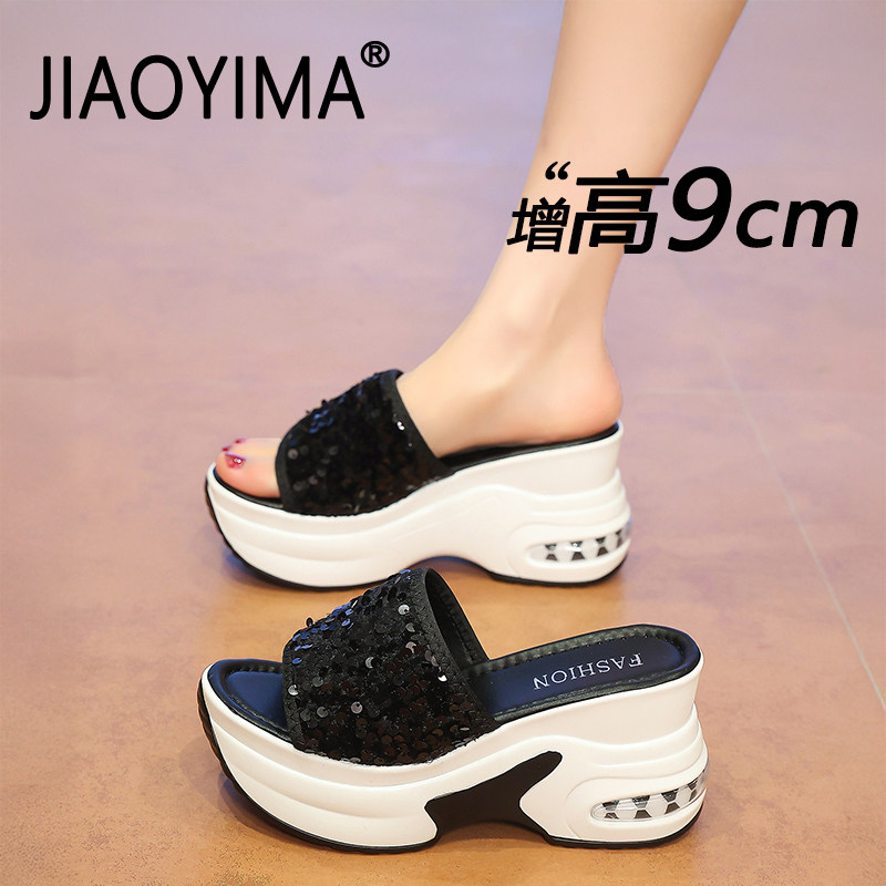 厚底坡跟凉拖鞋女外穿2026新款时尚百搭不累脚配裙子增高亮片拖鞋