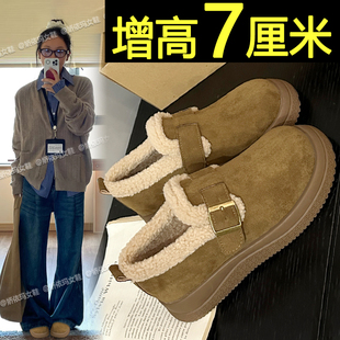 厚底加绒勃肯鞋女2025新款春冬一脚蹬内增高乐福单鞋保暖毛毛棉鞋