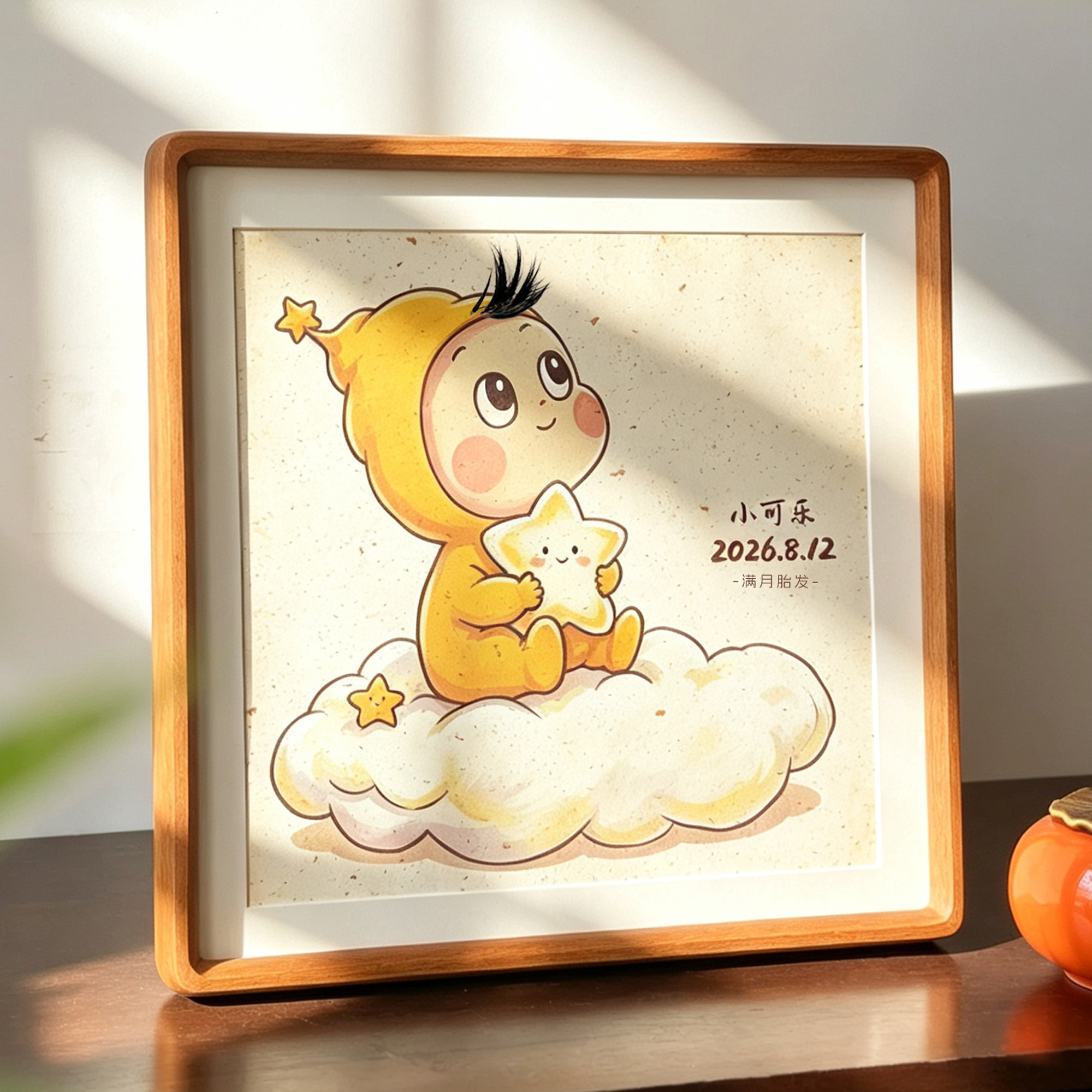婴儿可爱胎毛发纪念实木相框摆台