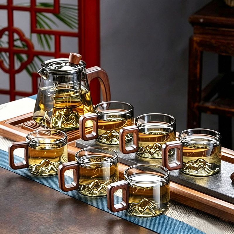 玻璃茶具套装2026新款高端客厅家用待客水杯木柄茶杯带把手泡茶壶