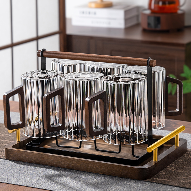 绿茶玻璃杯套装高颜值竖条纹茶杯