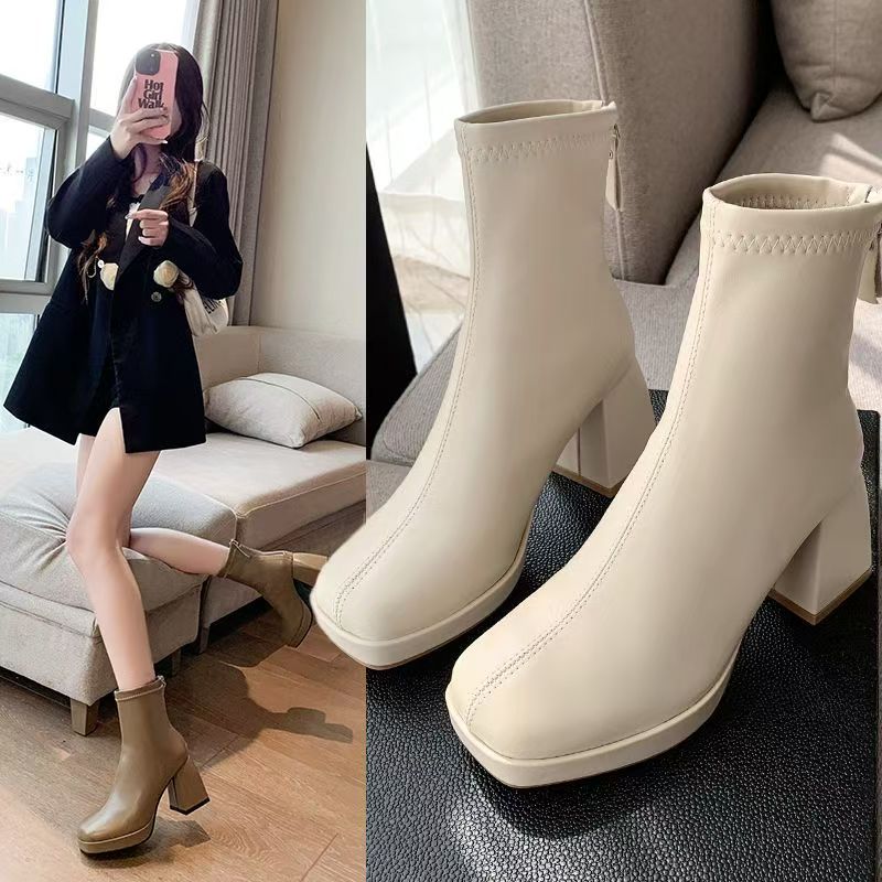 短靴女秋季高跟2025年新款时尚百搭复古显瘦粗跟短筒方头瘦瘦靴42