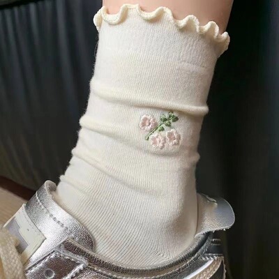 袜子女夏季薄款纯色卷边可爱俏皮花边中筒堆堆少女奶油色系月子
