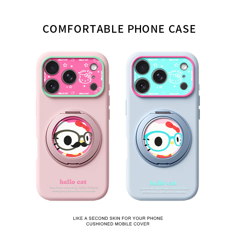 大胡子kitty适用苹果17promax手机壳新款iphone16pro镜头全包15液态硅胶软壳防摔保护套360°旋转磁吸支点壳