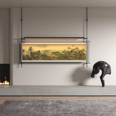 新中式山水画墙画灯光画装饰画壁灯餐厅包间酒店别墅挂画金属吊杆