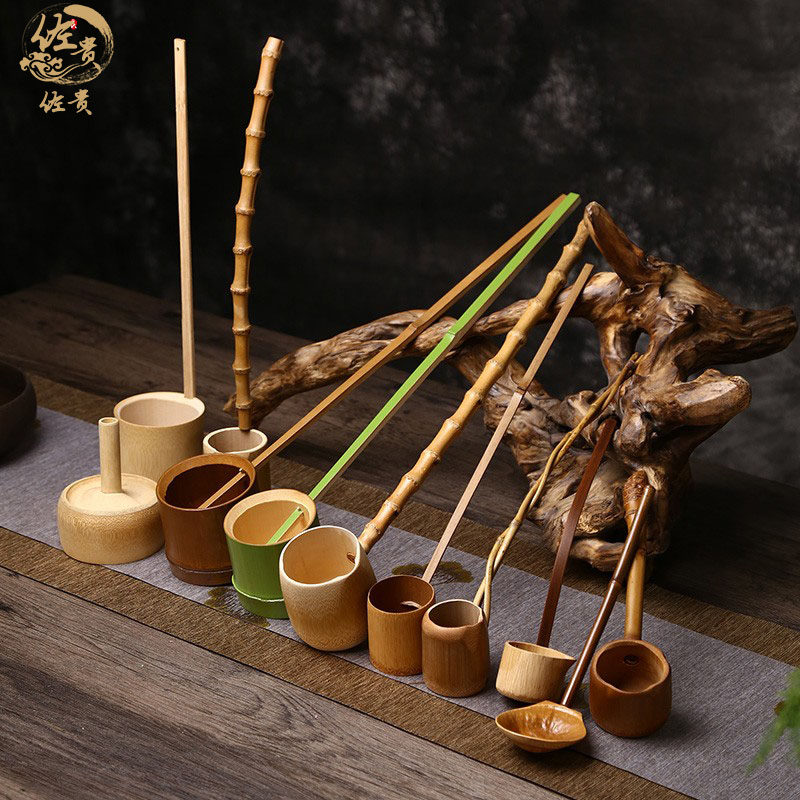 竹制舀水勺长柄分茶勺子 家用无漆打酒器水瓢酒提 煮茶具配件日式