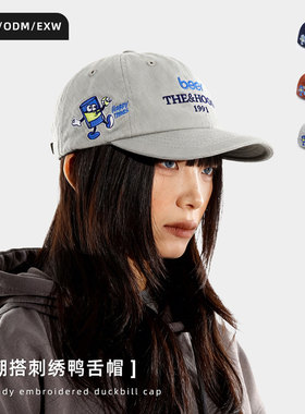 美式新款女棒球帽happy time卡通刺绣宽檐男鸭舌帽子大头围显脸小