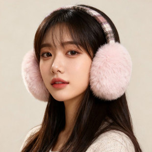 新款粉色加厚毛绒耳套女冬季保暖护耳防寒防风毛茸茸格纹时尚耳罩