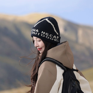 日系提花毛线帽女秋冬季高级感冷帽男护耳针织帽显脸小保暖堆堆帽