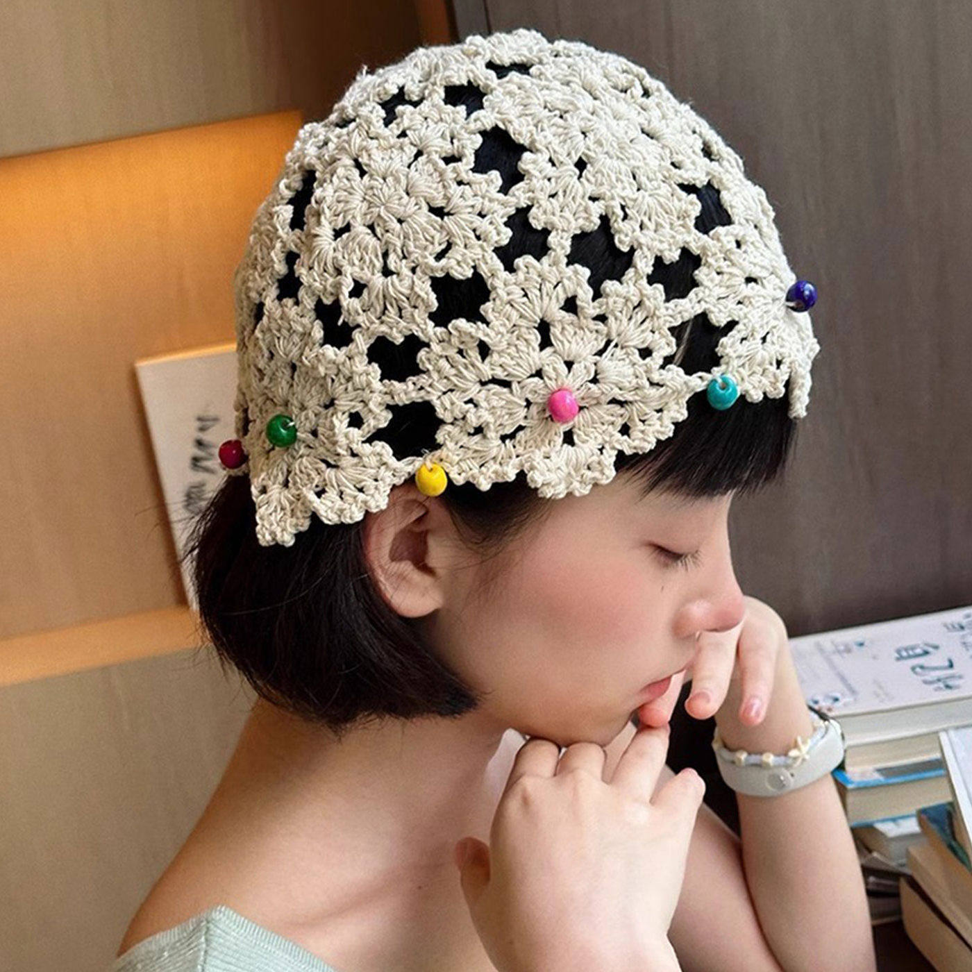 帽子女款夏季薄款镂空手工钩花针织帽网红显脸小文艺包头帽堆堆帽