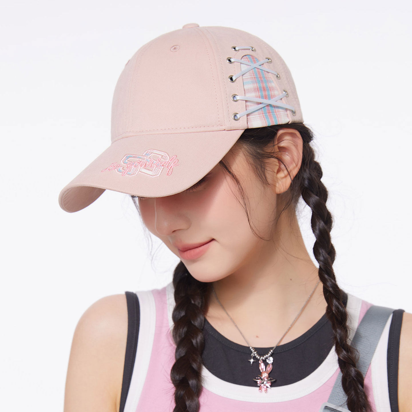 夏季格纹绑带显脸小遮阳女鸭舌帽