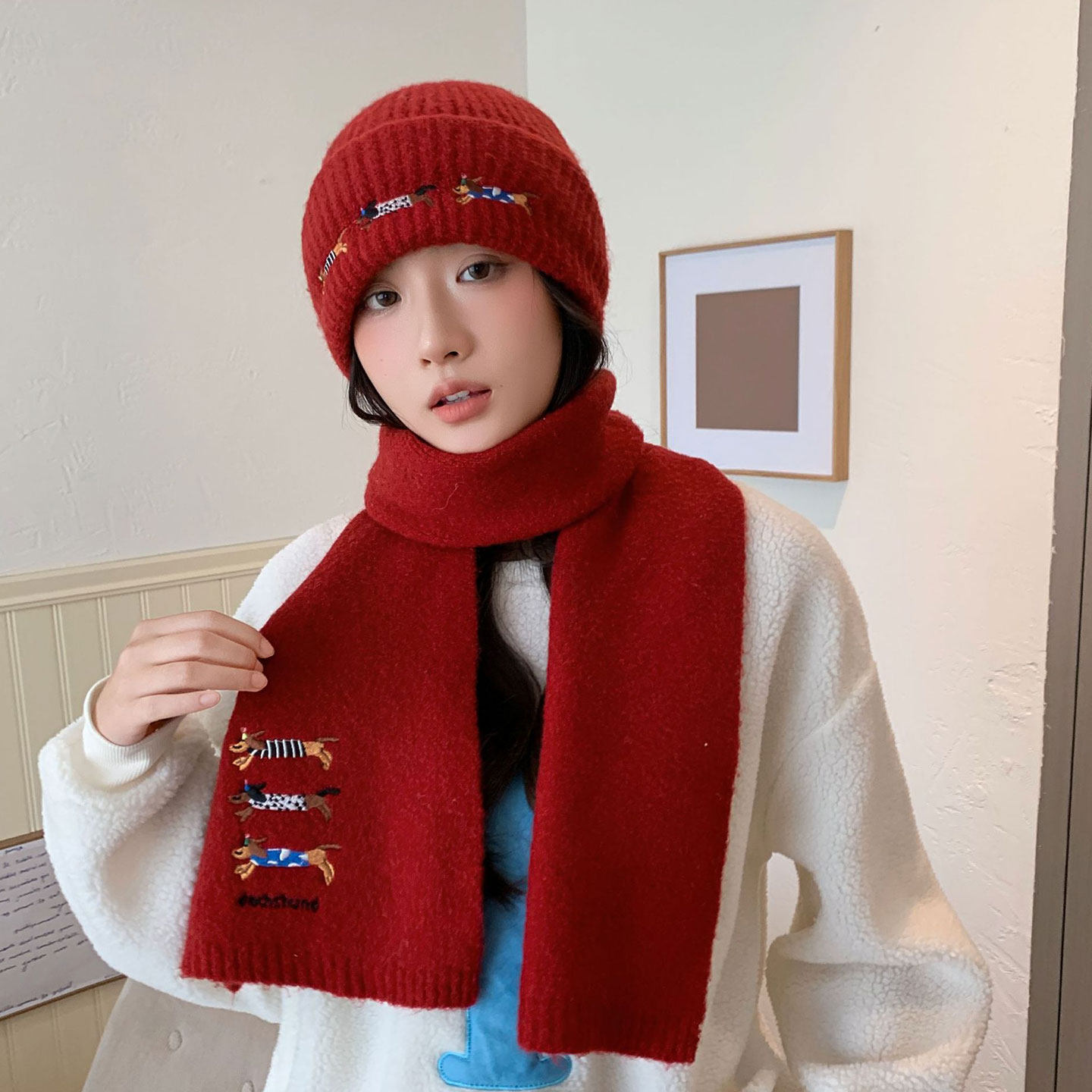 亲子可爱腊肠狗女冬季红色针织围巾两件套围脖保暖防寒毛线帽护耳