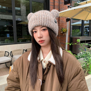 爱小熊耳朵双色毛线帽女冬季保暖百搭显脸小针织帽高颜值护耳帽子