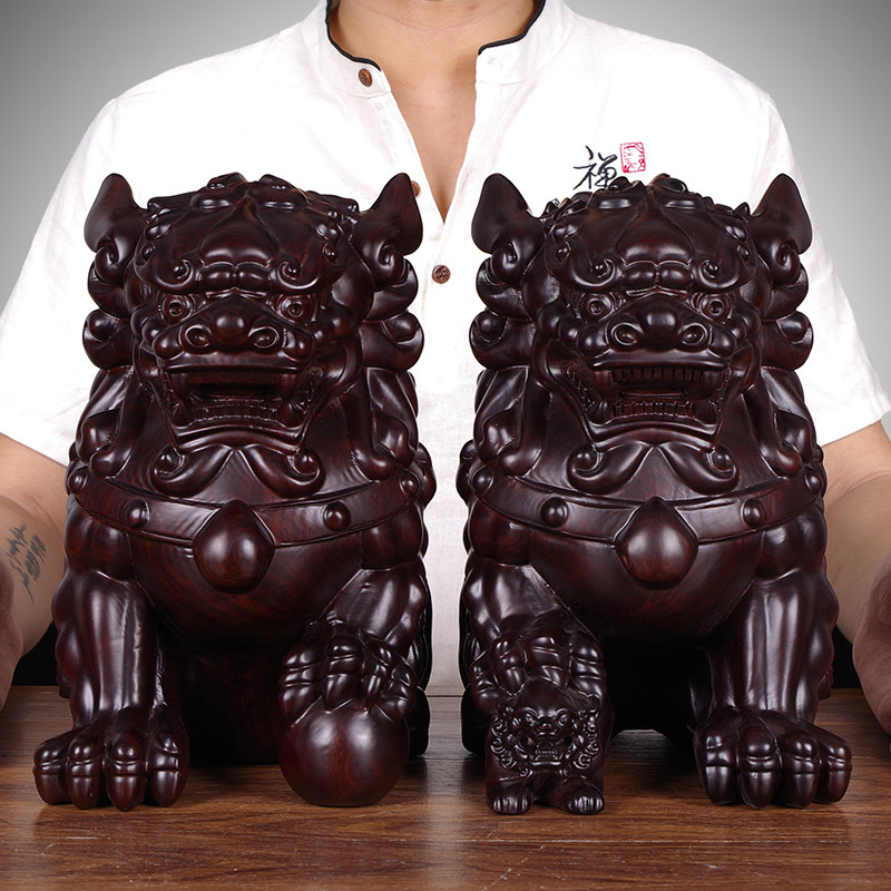 实木雕刻祥瑞狮子中式风装饰品
