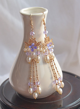 紫色耳环珍珠耳夹女无耳洞古风轻奢高级感汉服耳环2022年新款潮