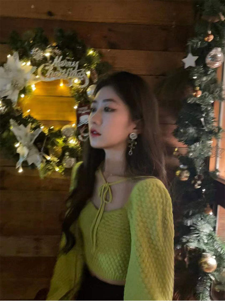 VALUE GREEN HIGH-END TEMPERAMENT LACE-UP CROPPED KNITWEAR WOMENS SLIM SLIM DRAWSTRING LONG-SLEEVED PULLOVER TOP