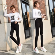 Quần legging lỗ lửng nữ đen bó sát mùa hè mỏng mới 2019 co giãn eo cao chân cao 9 điểm quần bút chì - Quần tây thường