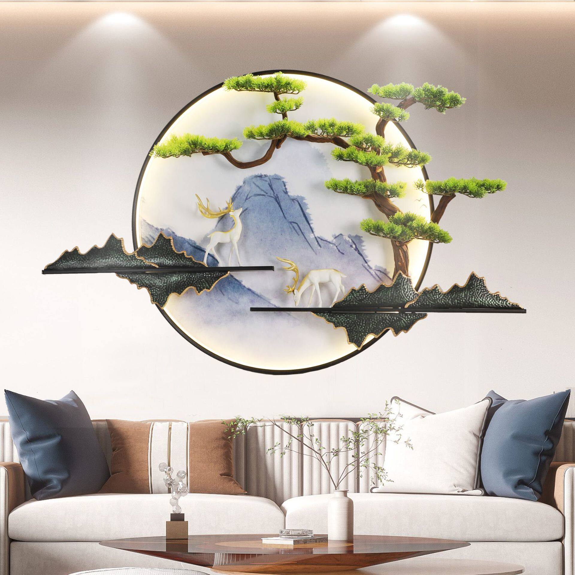 室内电视背景墙装饰画客厅沙发壁画茶室圆形铁艺立体挂画风景三联