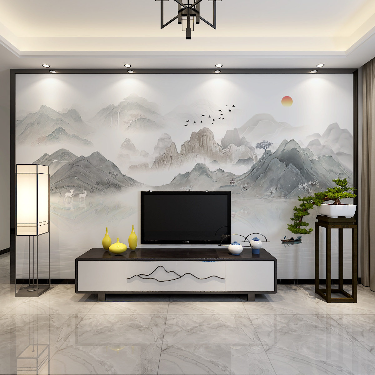 新中式电视背景墙壁纸画山水墨画墙纸客厅卧室大气墙布影视墙壁布