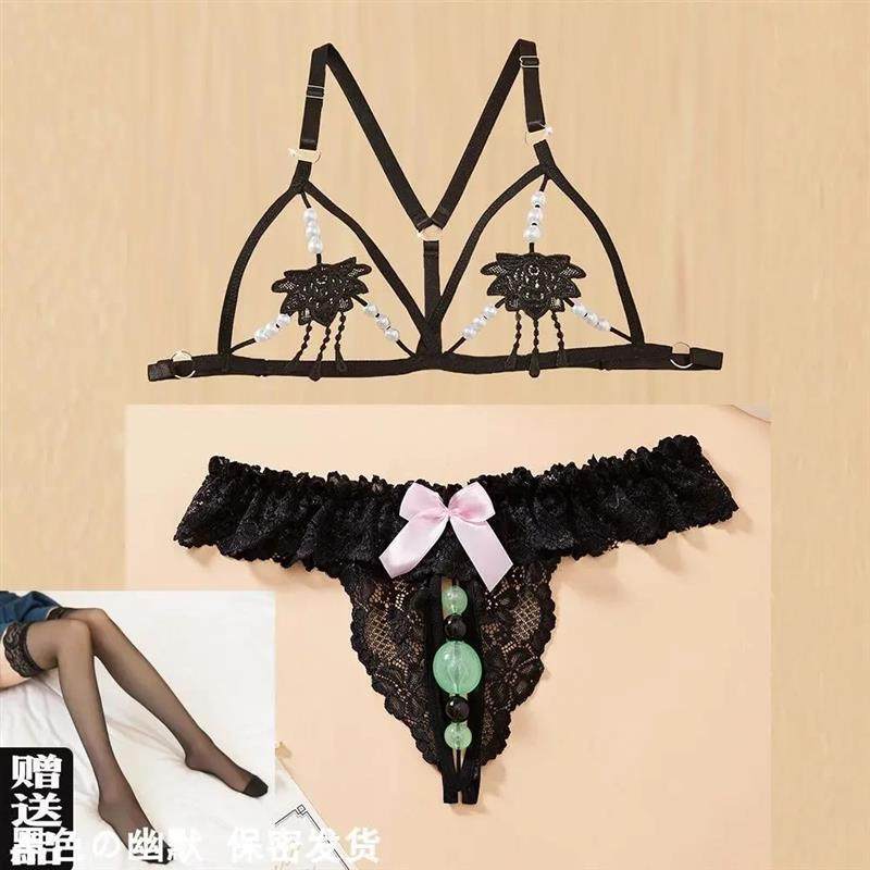 免穿脱方便户外女蕾丝开放扶她丁字裤情侣助兴趣夜光珍珠子内衣裤