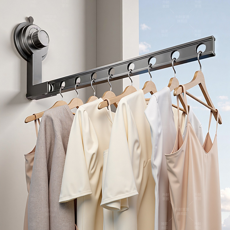 可携式阳台吸盘晾衣架壁挂式免打孔折叠固定式晾衣杆隐形晾晒收纳