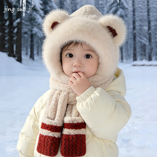 儿童小熊帽子围巾一体秋冬款女童手套连帽围脖可爱保暖毛绒三件套