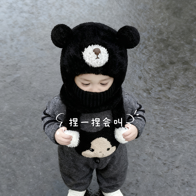 一捏会叫宝宝帽子围脖口罩一体护耳帽秋冬保暖男女儿童套头小熊帽 - 封面