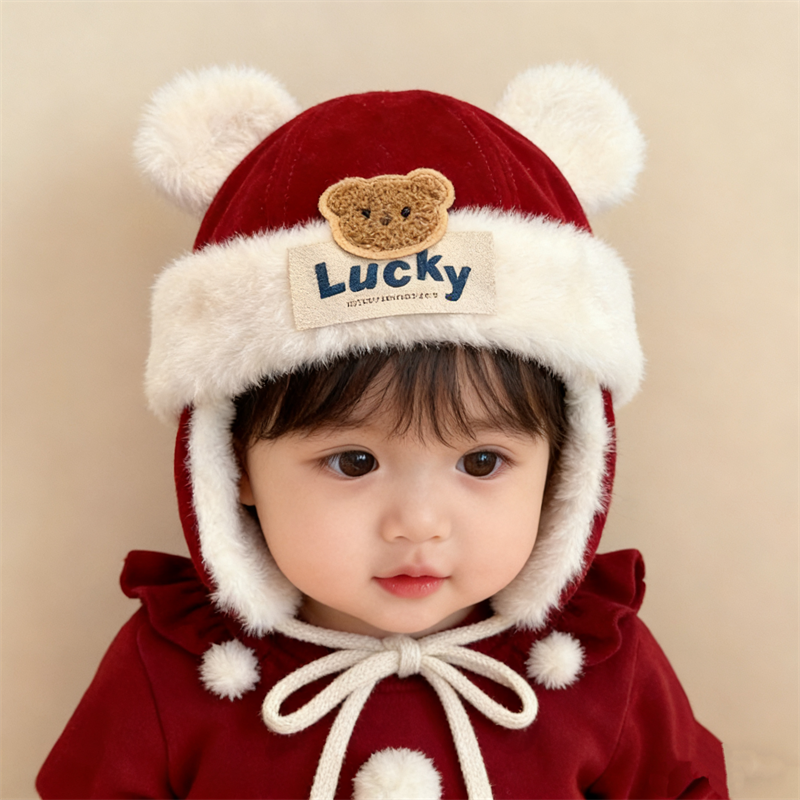 宝宝帽子冬天毛绒帽喜庆红色新年