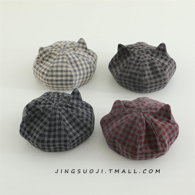 儿童贝雷帽秋冬季洋气格子猫耳朵