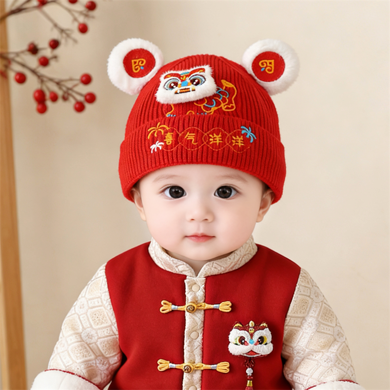 冬季加厚保暖新年红色婴儿毛线帽