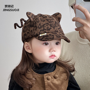 秋冬宝宝帽子洋气豹纹猫耳朵鸭舌帽男童女童婴儿棒球帽韩版小孩帽