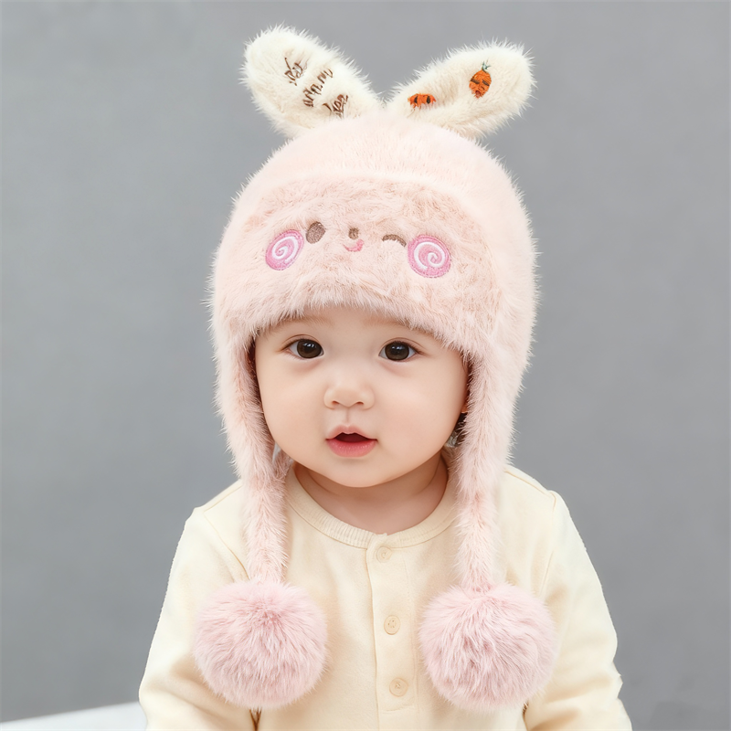 宝宝帽子秋冬季毛绒帽可爱超萌婴儿女童护耳帽加厚保暖儿童针织帽
