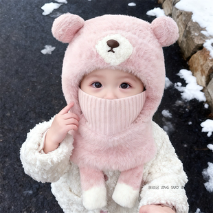 会叫宝宝帽子围脖口罩一体毛绒帽秋冬季防风保暖加绒婴儿童护耳帽