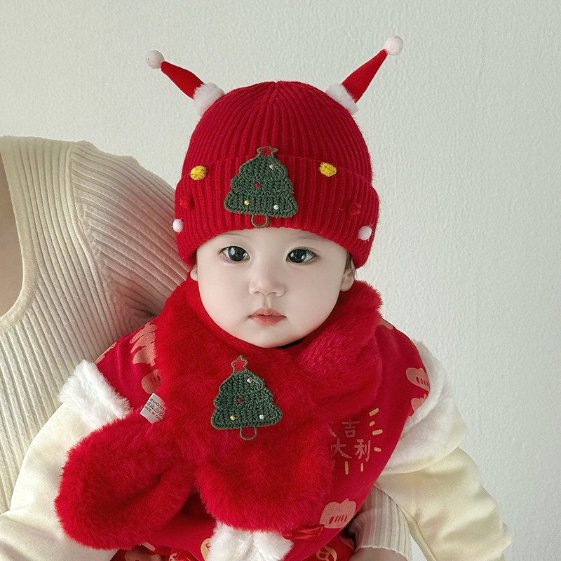 红色圣诞宝宝毛线帽秋冬季保暖男女婴儿童针织护耳帽子过新年礼物