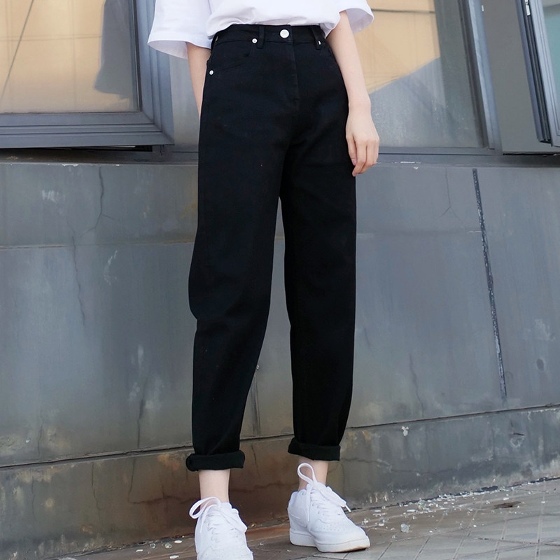 梨形身材裤子女加绒老爹裤大码胖妹妹mm显瘦高腰哈伦裤黑色牛仔裤