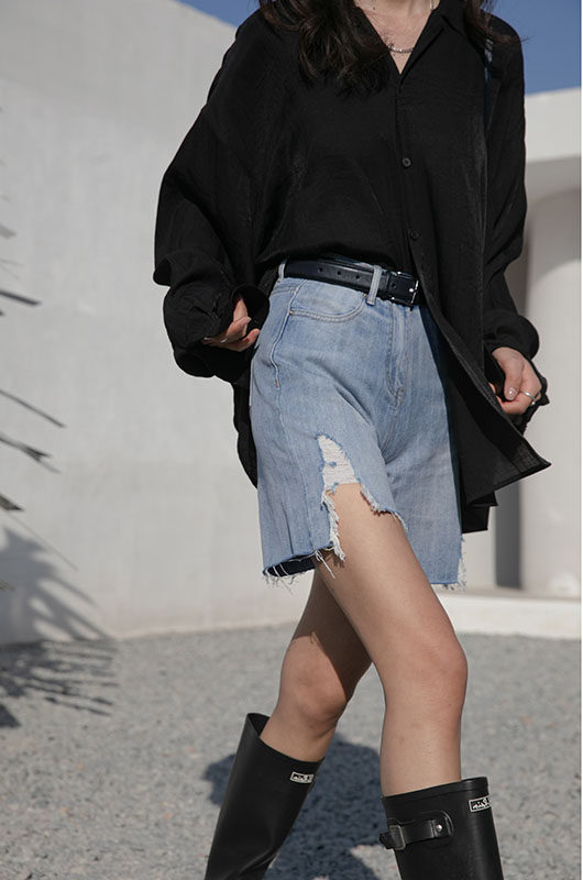 高腰牛仔短裤女夏破洞黑色大码mm胖遮胯显瘦欧美风辣妹A字阔腿裤