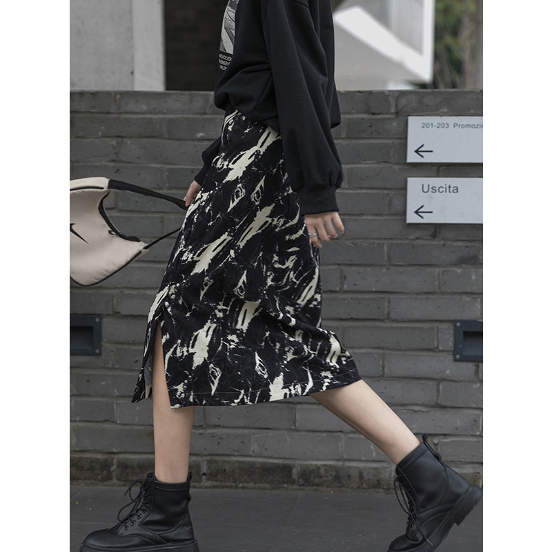 扎染高腰开叉半身裙女中长款2021春秋新款大码遮跨过膝包臀直筒裙