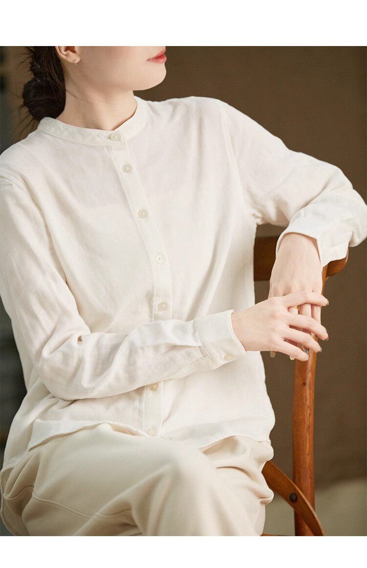 小立领双层棉纱长袖衬衫 柔软百搭通勤排扣全棉女式打底上衣