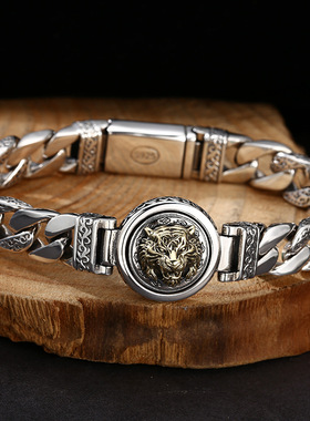 小众银饰925纯银手链国风潮唐草纹老虎古巴手链泰银复古纯银手环