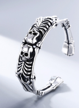 小众银饰男生925纯银骷髅手镯男士开口可调镯子泰银复古潮流朋克
