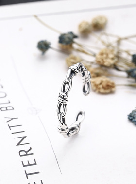 小众银饰925纯银戒指女士心意交织指环活口银指环韩版复古做旧银