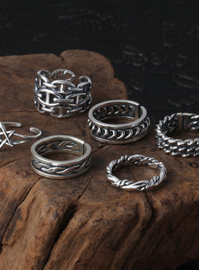 小众银饰男士S925纯银戒指女士泰银饰品编织五星镂空戒指女男款