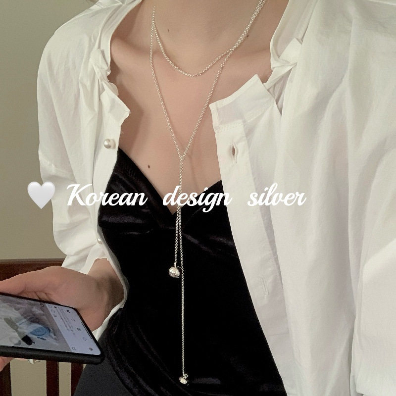 简约S925纯银大球超长项链女款