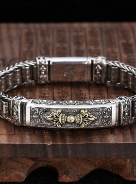 小众银饰男士s925纯银手链饰品金刚杵泰银复古转轮六字真言手环