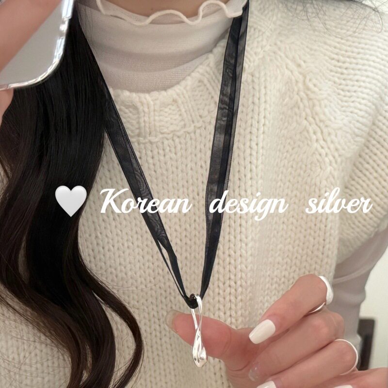 S925纯银黑纱镂空多层毛衣链女