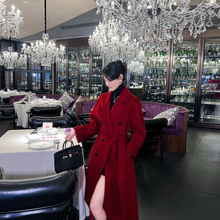 红色双面羊绒大衣女2025冬季新款高端经典双排扣气质结婚毛呢外套