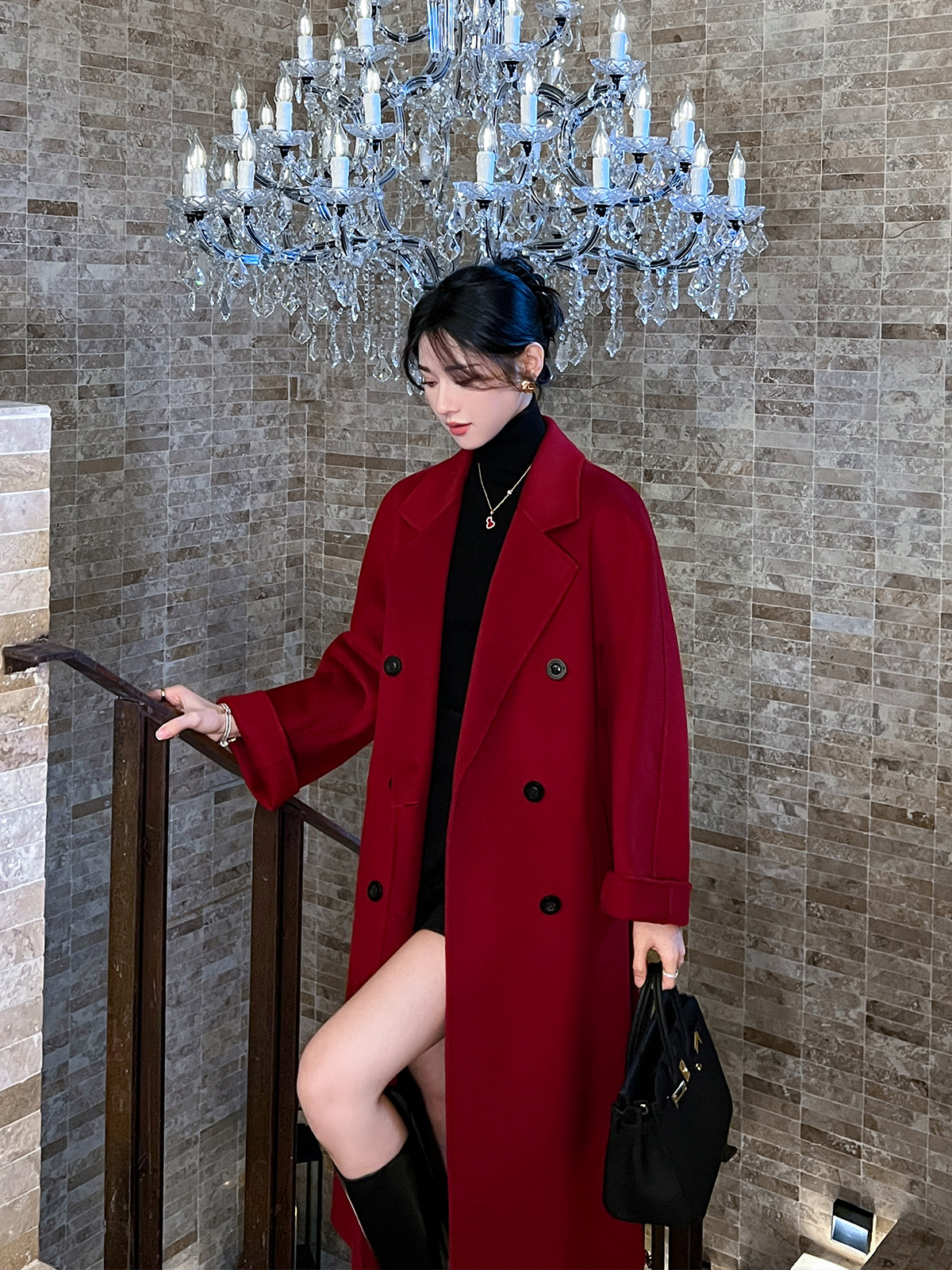 2025冬季新款经典红色双面羊绒大衣女韩版高端气质双排扣毛呢外套