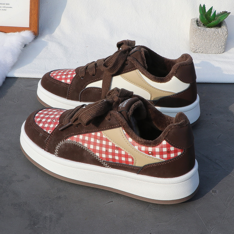 2025秋冬格子拼接厚底板鞋女加绒保暖休闲系带面包鞋运动二棉鞋潮