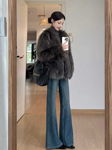 美式覆古蓝色微喇牛仔裤女2025秋冬新款高腰显瘦加绒喇叭马蹄裤子