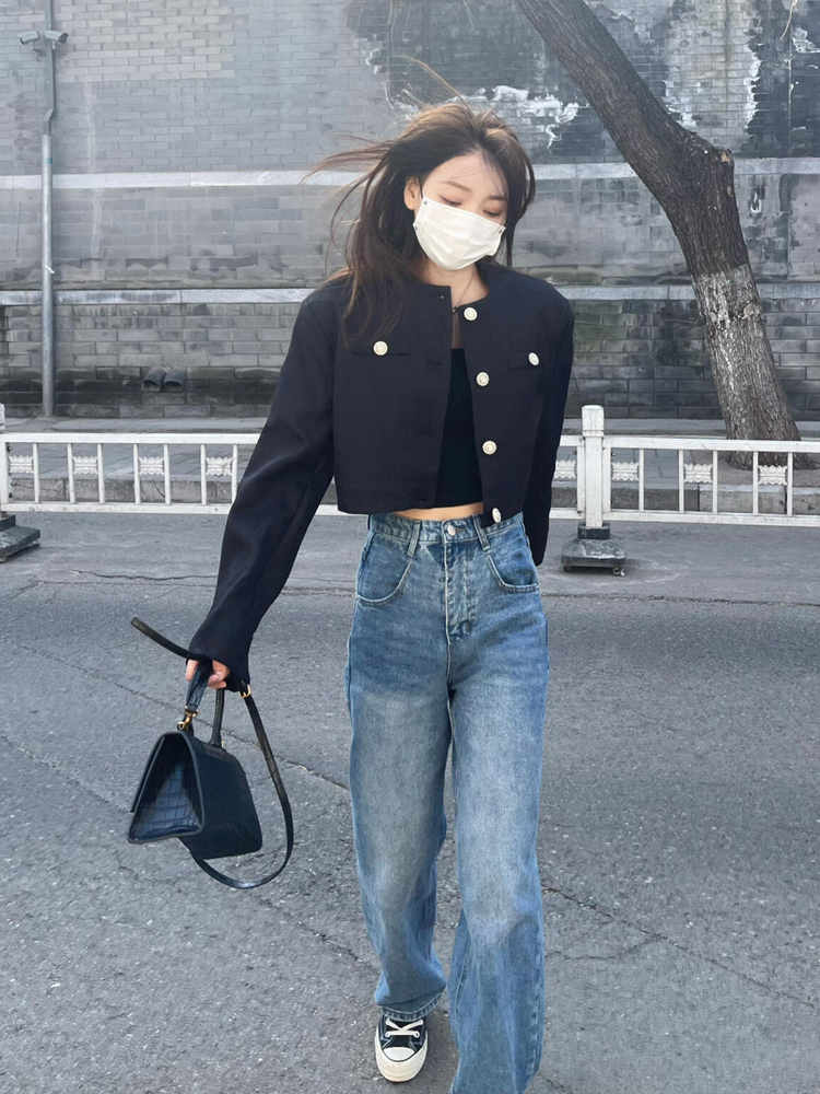 美式覆古蓝色牛仔裤女小个子2025春秋新款高腰显瘦加长直筒阔腿裤